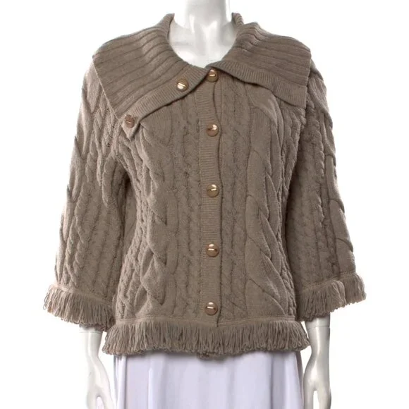 ST. JOHN Wool Blend Sweater Cardigan Fringe Soft Cable Knit Taupe Gray size M - Picture 15 of 15